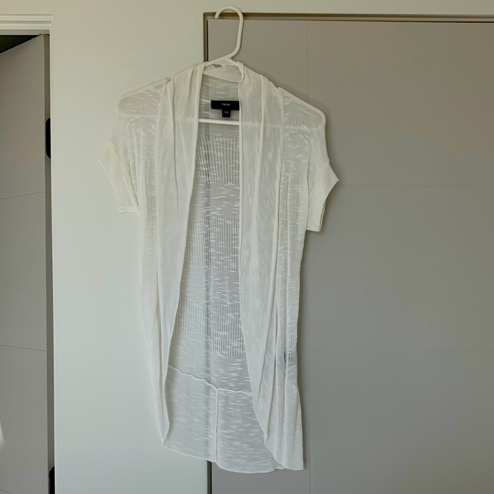 White short sleeve cardigan.